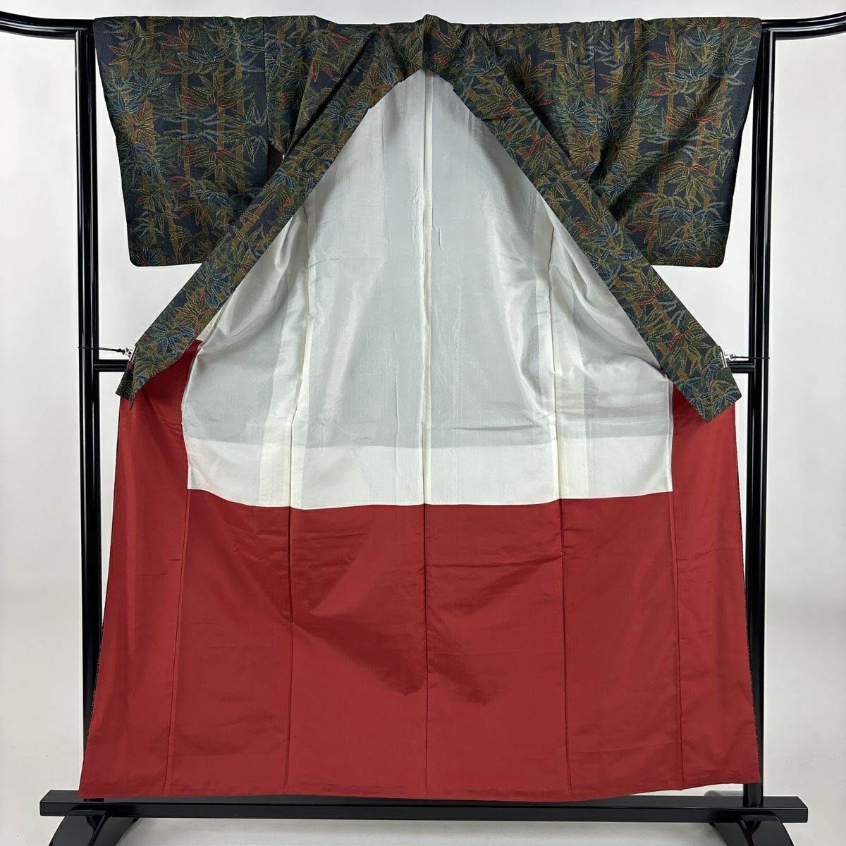 【美品】 紬織 身長157.5cm 袖長64cm M 雙層 笹 深綠 純蠶絲 優品級