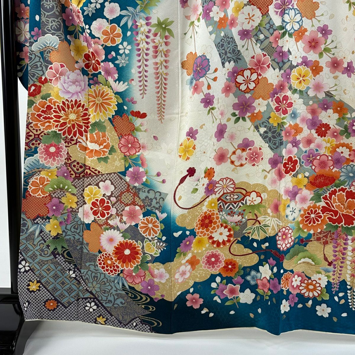 振袖禮服 身長166cm 袖長66cm M 雙層 扇子面 菊花 金糸 銀通 青綠 純蠶絲 逸品級
