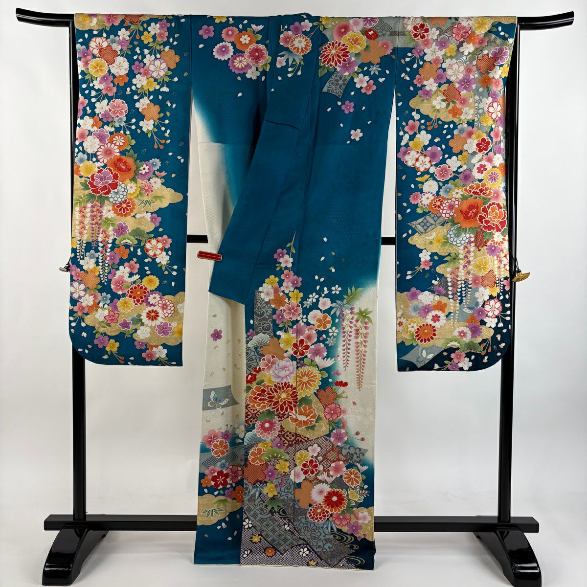 振袖禮服 身長166cm 袖長66cm M 雙層 扇子面 菊花 金糸 銀通 青綠 純蠶絲 逸品級