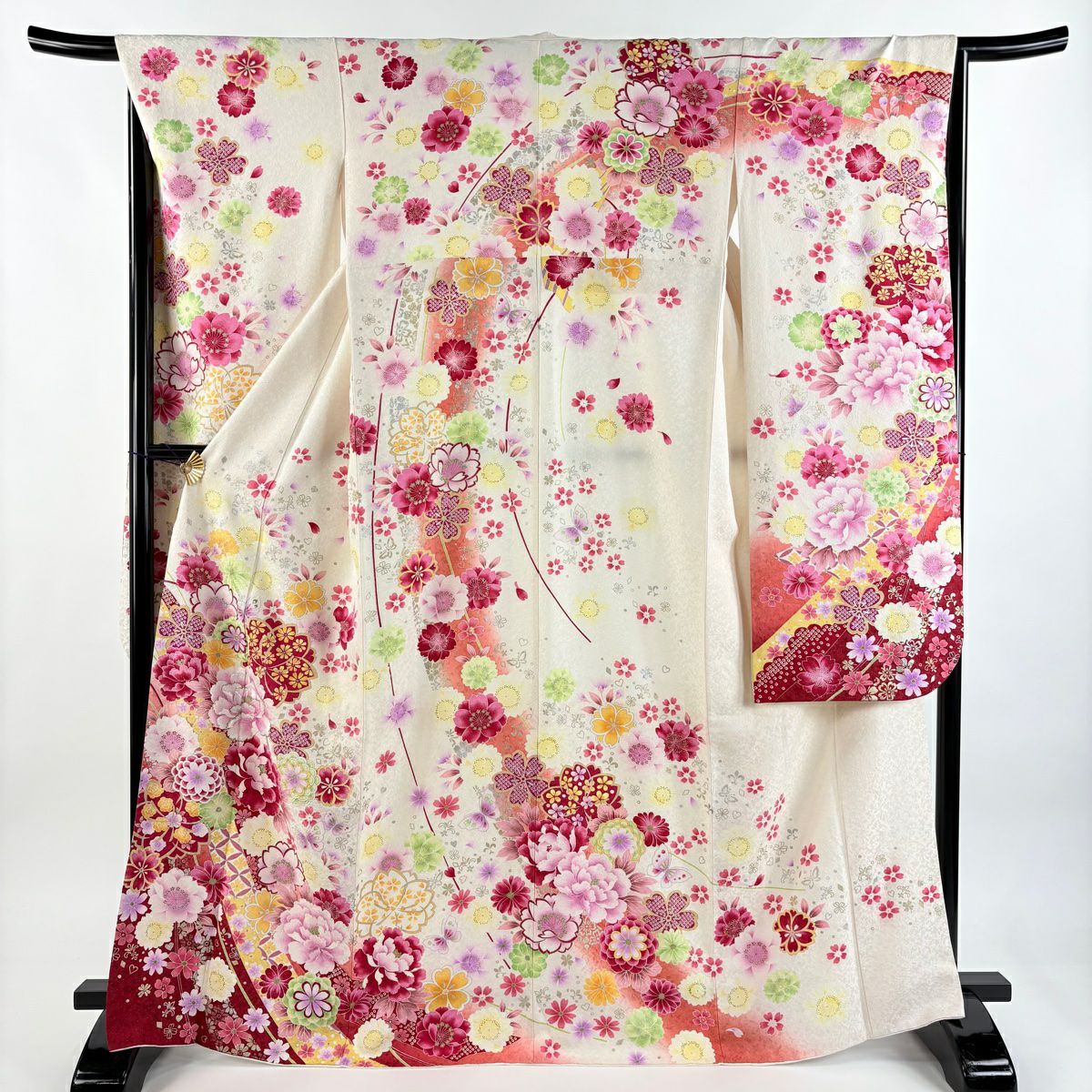振袖禮服 身長167cm 袖長66.5cm M 雙層 牡丹 櫻花 金銀彩 奶油色 純蠶絲 逸品級