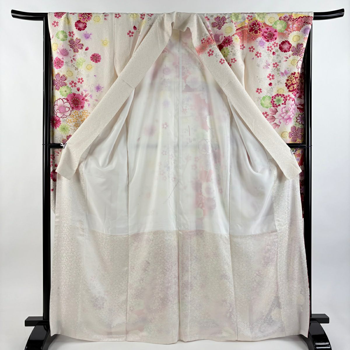 振袖禮服 身長167cm 袖長66.5cm M 雙層 牡丹 櫻花 金銀彩 奶油色 純蠶絲 逸品級
