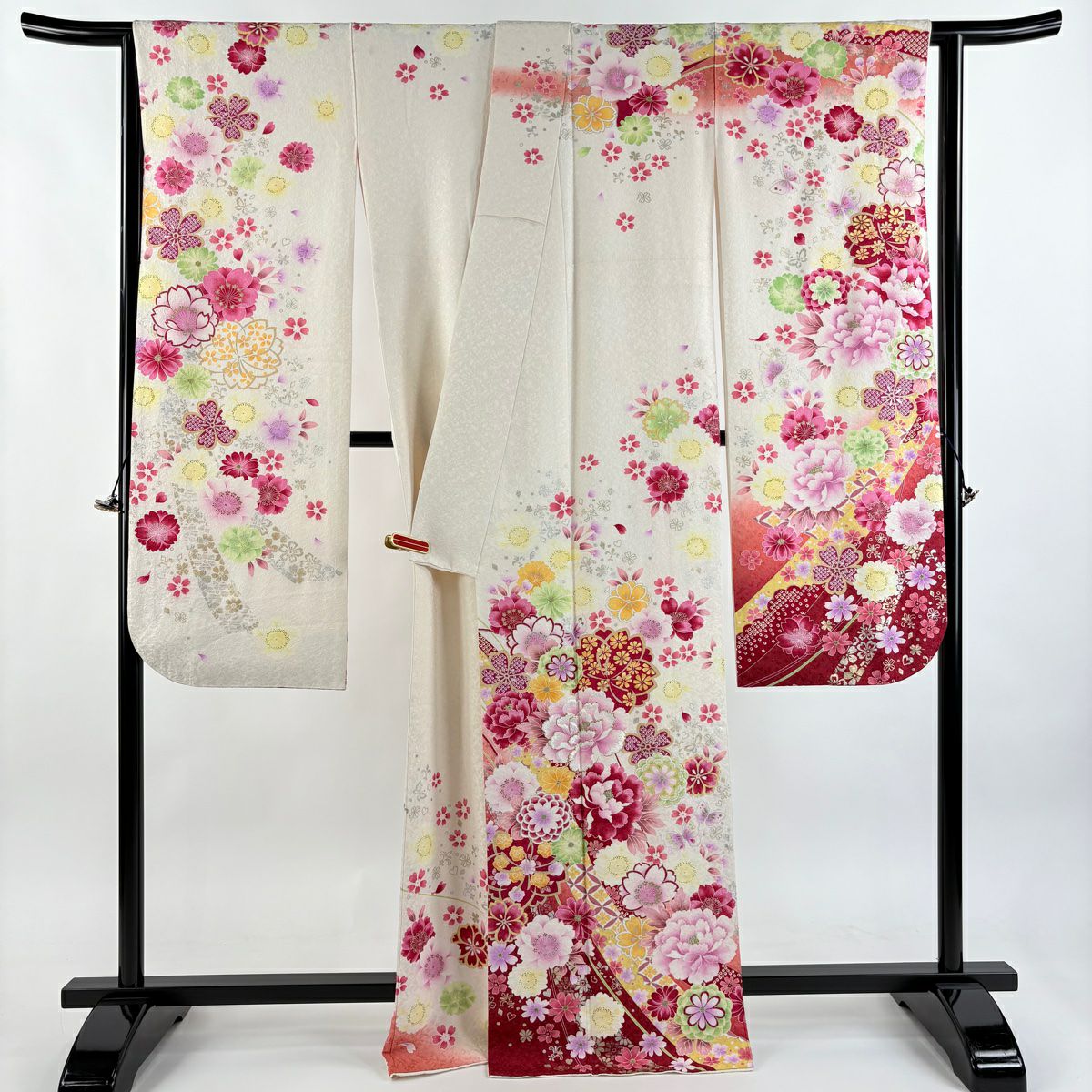 振袖禮服 身長167cm 袖長66.5cm M 雙層 牡丹 櫻花 金銀彩 奶油色 純蠶絲 逸品級