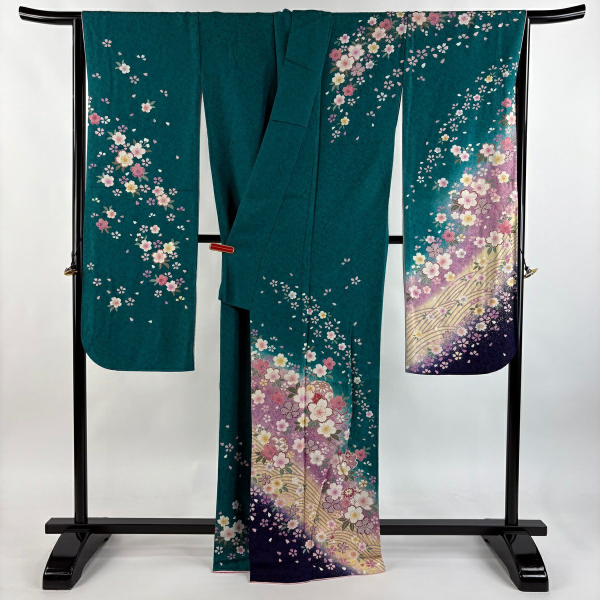 振袖禮服 身長165cm 袖長66cm M 雙層 手鞠 櫻花 金金箔 金銀彩 青綠 純蠶絲 逸品級
