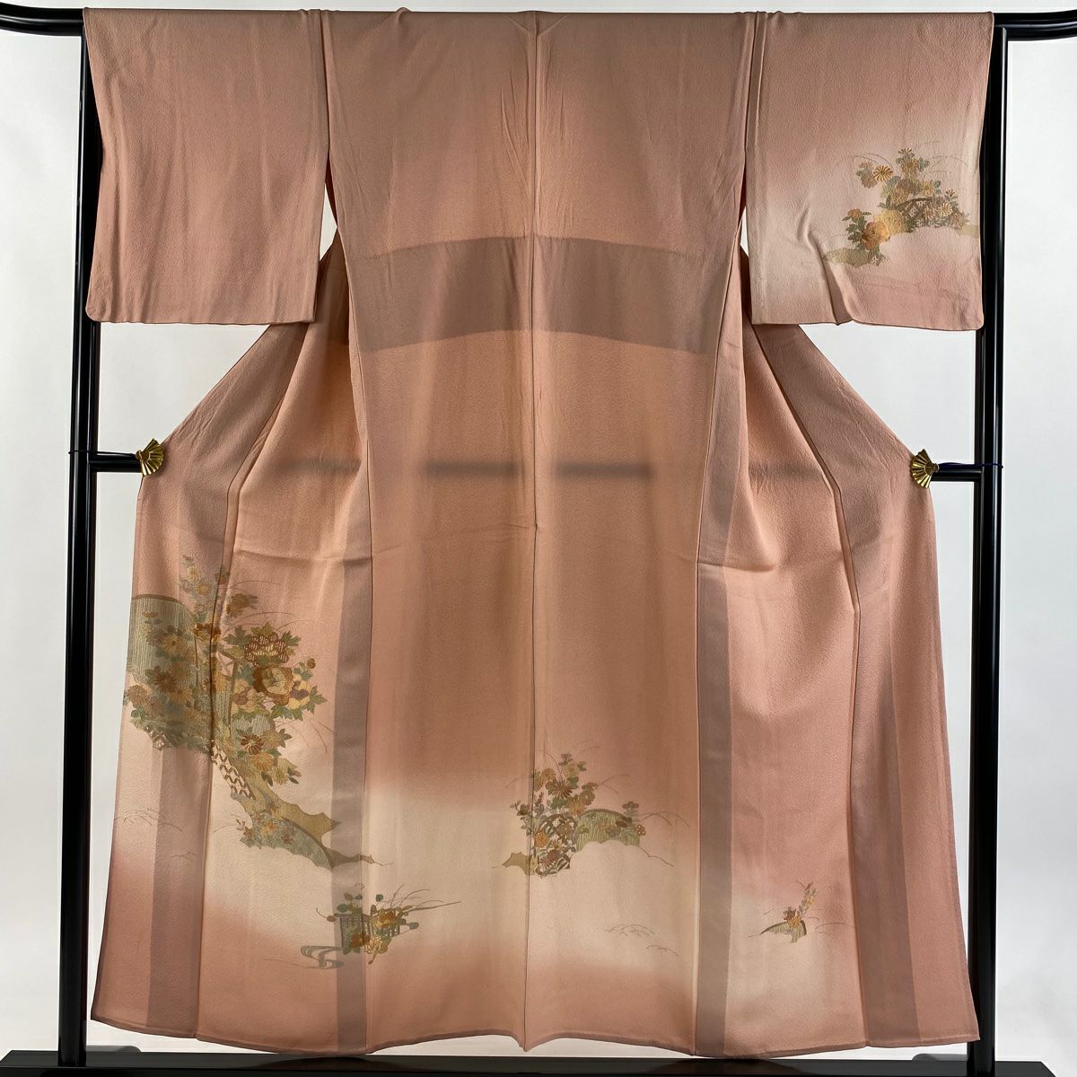 付下 身長153.5cm 袖長67cm M 單層 菊花 草花紋刺繡 漸層 粉米色 純蠶絲 優品級