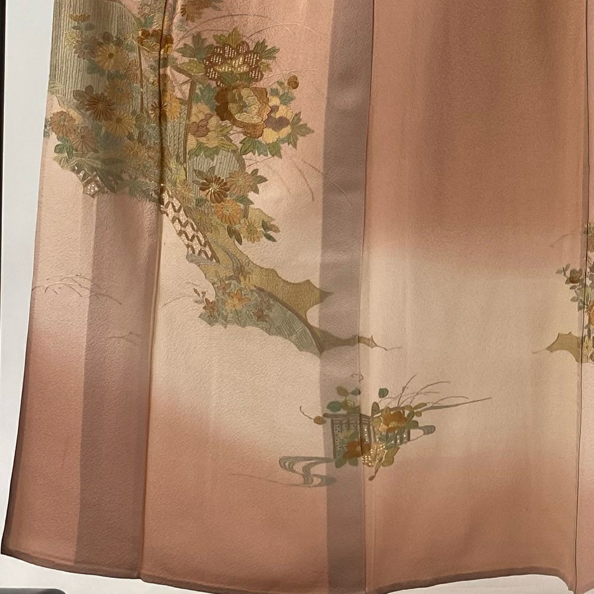 付下 身長153.5cm 袖長67cm M 單層 菊花 草花紋刺繡 漸層 粉米色 純蠶絲 優品級