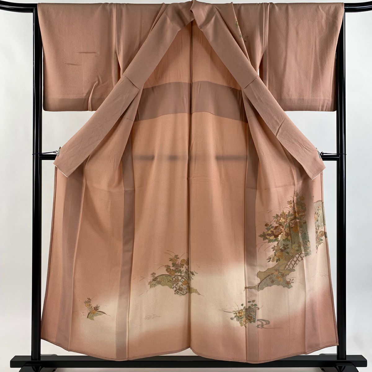 付下 身長153.5cm 袖長67cm M 單層 菊花 草花紋刺繡 漸層 粉米色 純蠶絲 優品級