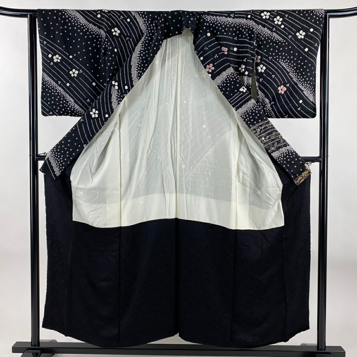 訪問服 身長154.5cm 袖長63cm S 雙層 草花紋紋 笠松樹 絞染 金銀彩 黑 純蠶絲 名品級