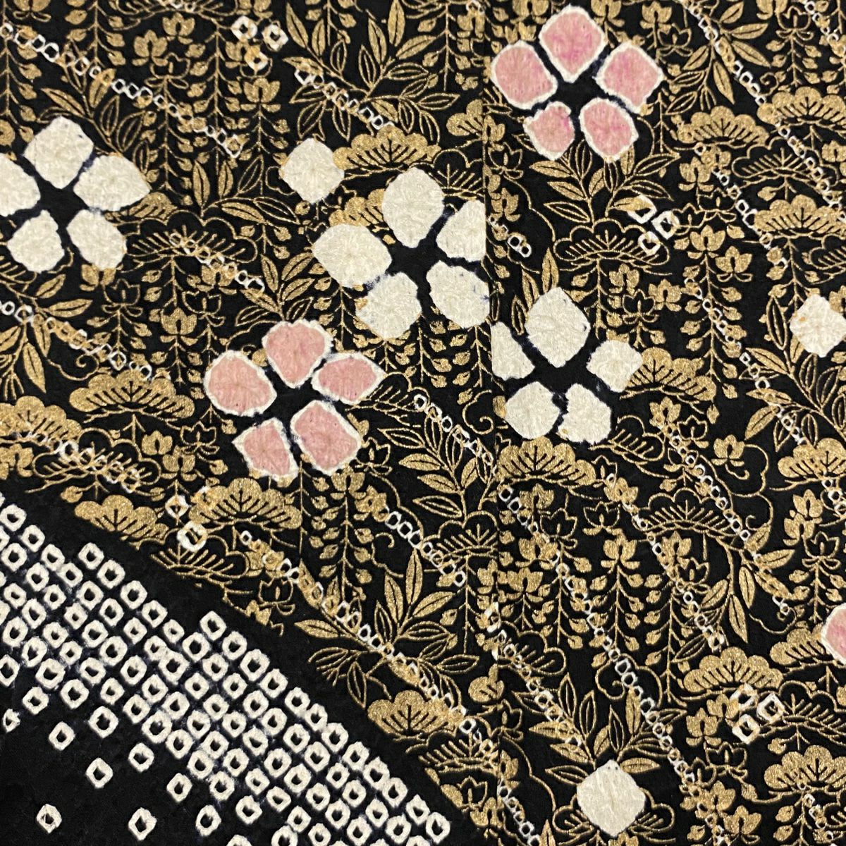 訪問服 身長154.5cm 袖長63cm S 雙層 草花紋紋 笠松樹 絞染 金銀彩 黑 純蠶絲 名品級