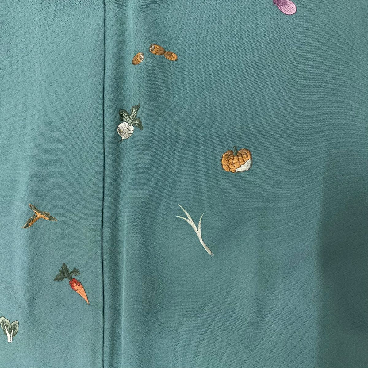 付下 身長155cm 袖長62cm S 雙層 蔬菜 南瓜 刺繡 青綠 純蠶絲 名品級