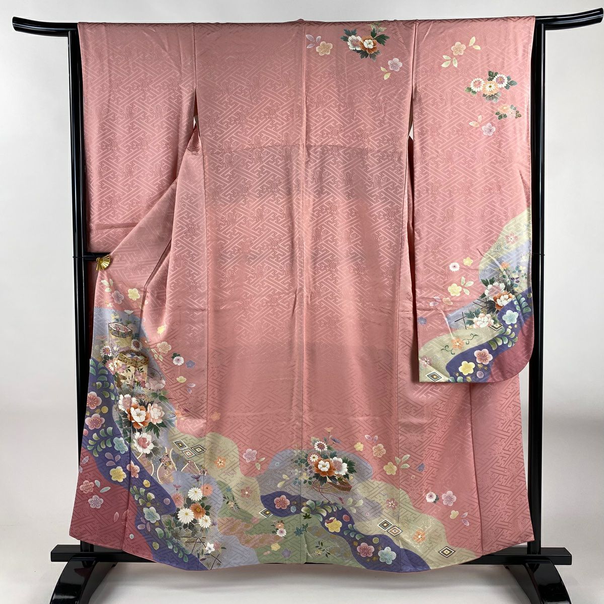 振袖禮服 身長157cm 袖長62.5cm S 雙層 落款あり 貝桶 草花紋 金絲 金銀彩 粉紅 純蠶絲 名品級