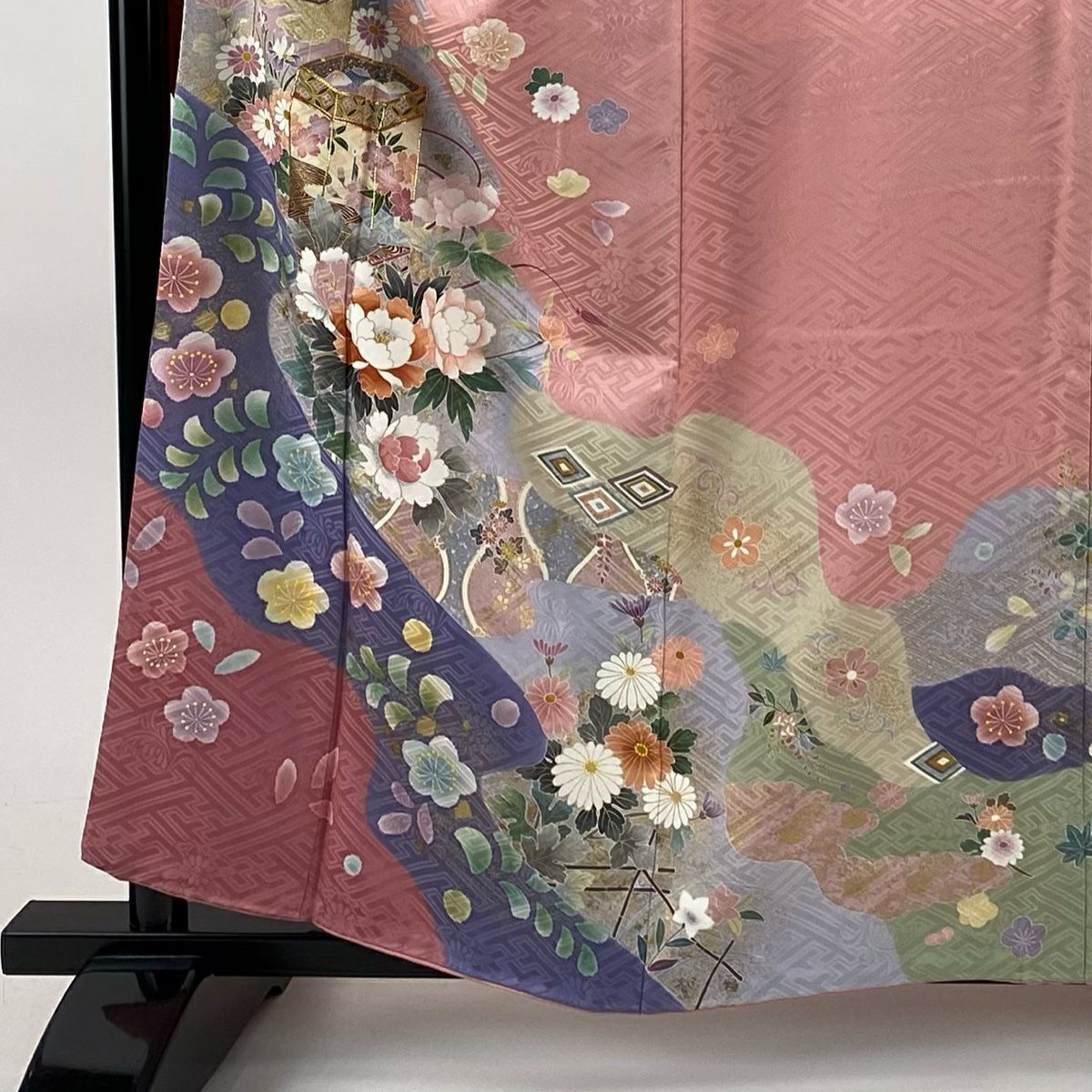 振袖禮服 身長157cm 袖長62.5cm S 雙層 落款あり 貝桶 草花紋 金絲 金銀彩 粉紅 純蠶絲 名品級