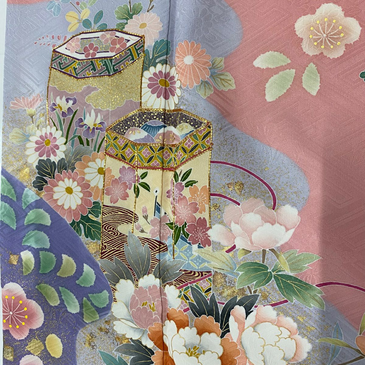 振袖禮服 身長157cm 袖長62.5cm S 雙層 落款あり 貝桶 草花紋 金絲 金銀彩 粉紅 純蠶絲 名品級