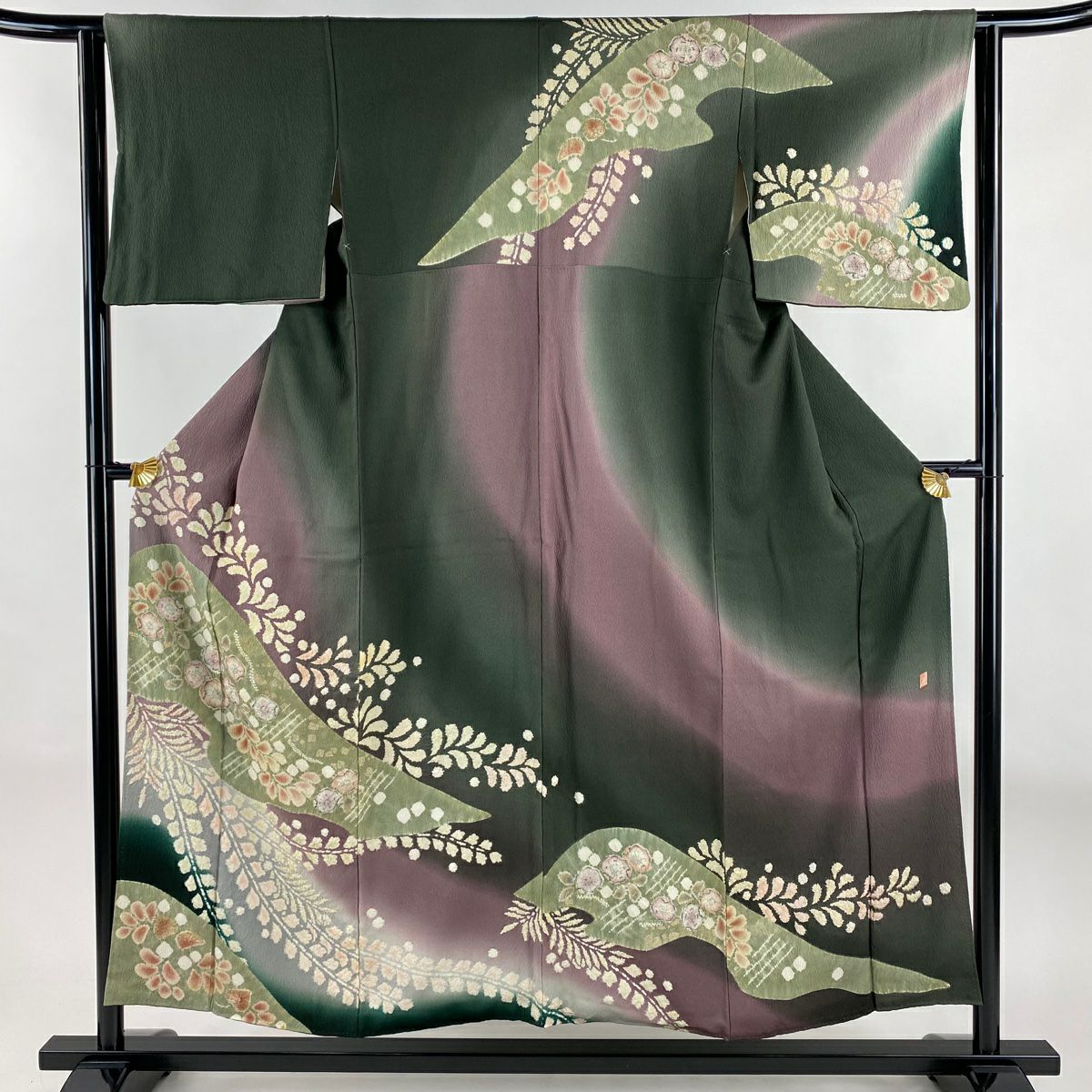 訪問服 身長153.5cm 袖長63cm S 雙層 滝泰 有落款 辻花染 金銀彩 漸層 深綠 純蠶絲 名品級
