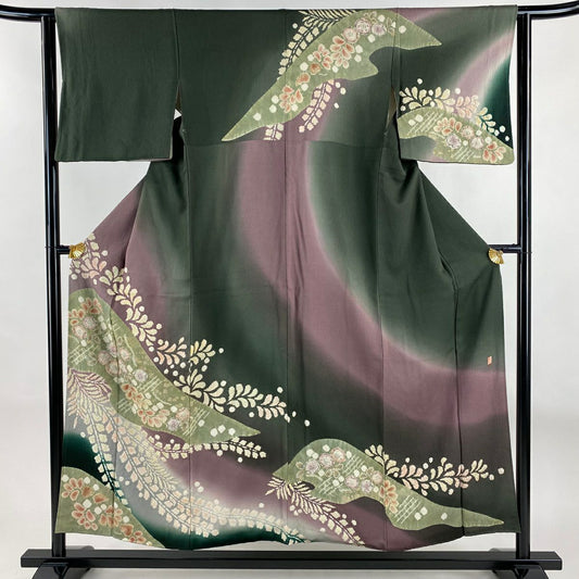 訪問服 身長153.5cm 袖長63cm S 雙層 滝泰 有落款 辻花染 金銀彩 漸層 深綠 純蠶絲 名品級