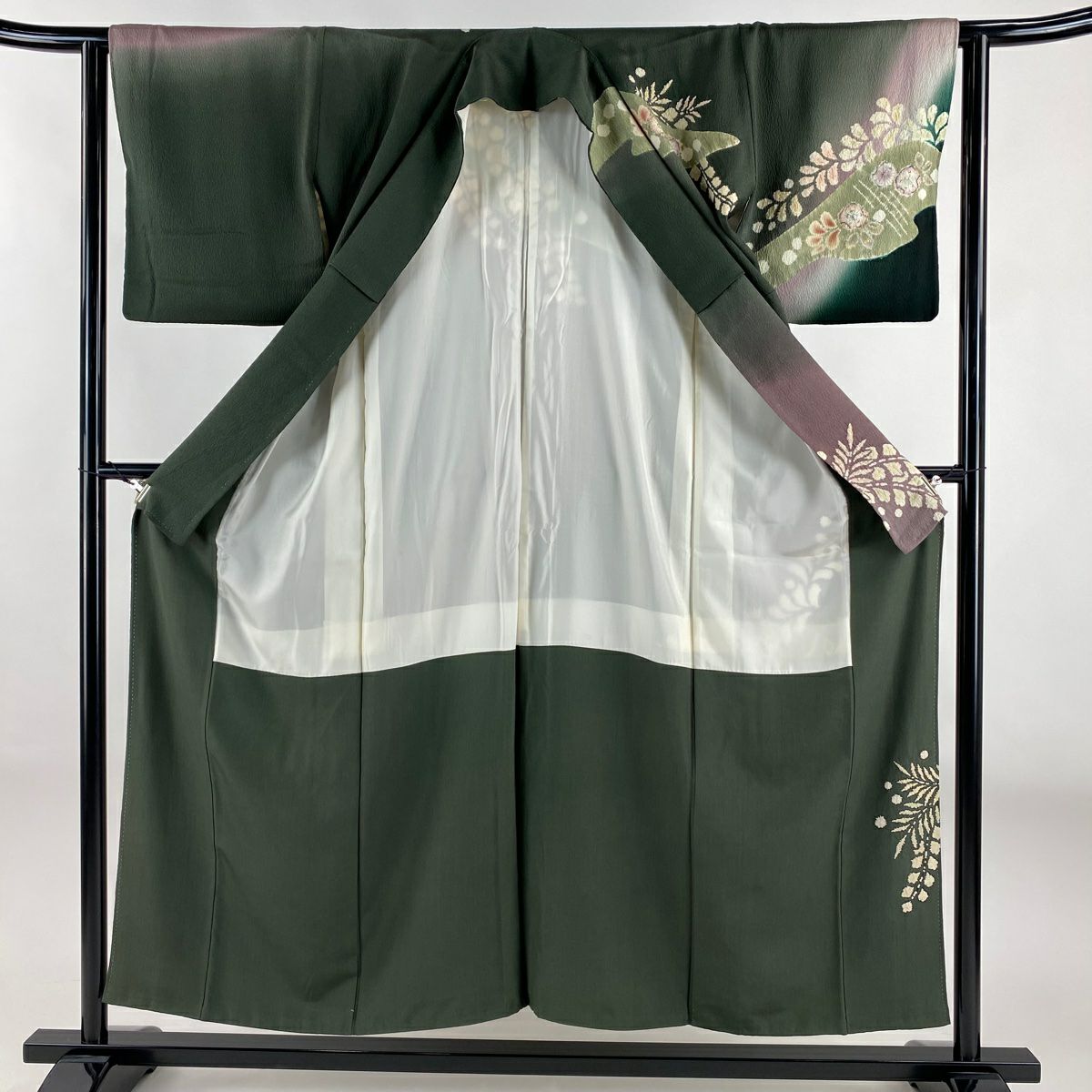 訪問服 身長153.5cm 袖長63cm S 雙層 滝泰 有落款 辻花染 金銀彩 漸層 深綠 純蠶絲 名品級