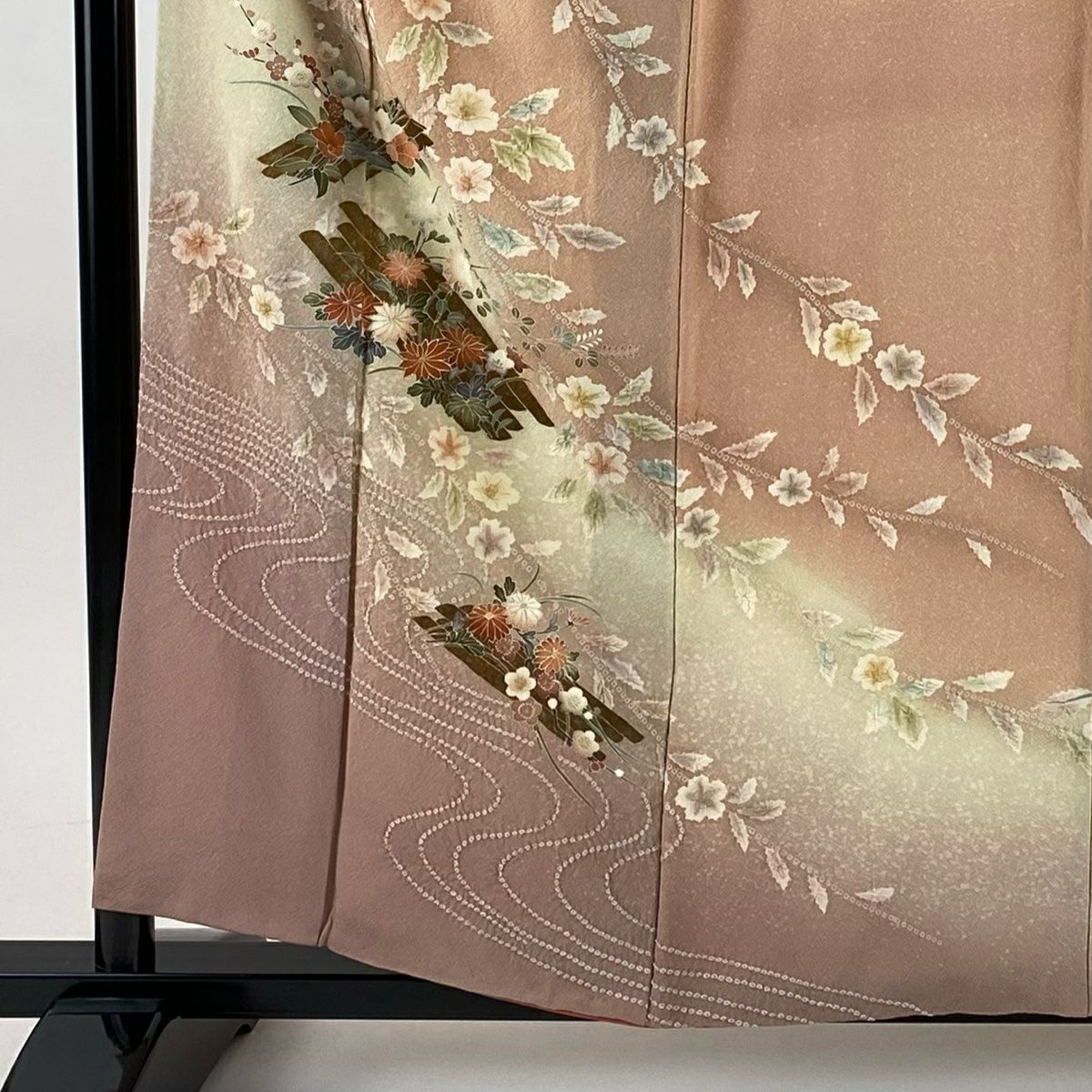 訪問服 身長157.5cm 袖長65cm M 雙層 花筏 流水 金彩裝飾 絞染 粉紅 純蠶絲 名品級
