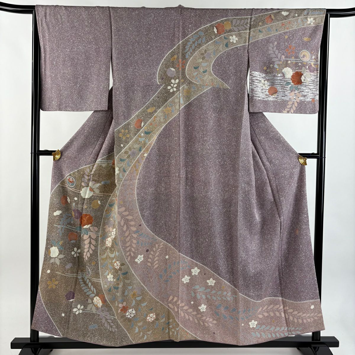 訪問服 身長155.5cm 袖長64cm M 雙層 落款 草花紋紋 霞 金絲 金銀彩 淺紫 純蠶絲 優品級