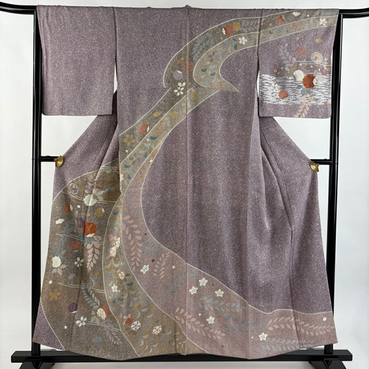 訪問服 身長155.5cm 袖長64cm M 雙層 落款 草花紋紋 霞 金絲 金銀彩 淺紫 純蠶絲 優品級
