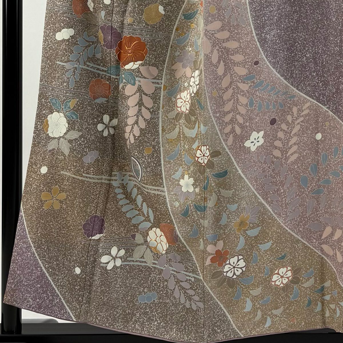 訪問服 身長155.5cm 袖長64cm M 雙層 落款 草花紋紋 霞 金絲 金銀彩 淺紫 純蠶絲 優品級