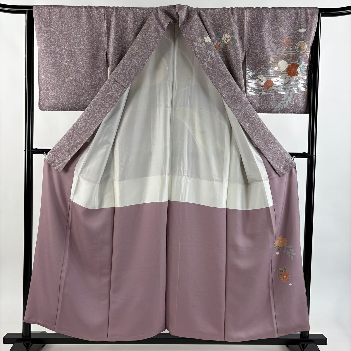 訪問服 身長155.5cm 袖長64cm M 雙層 落款 草花紋紋 霞 金絲 金銀彩 淺紫 純蠶絲 優品級