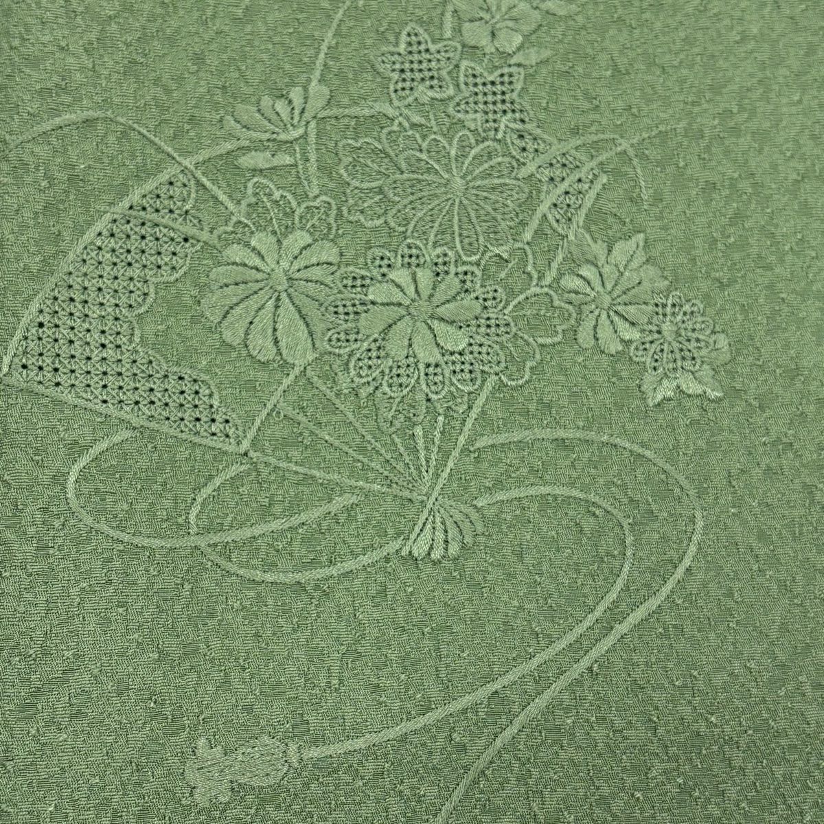 付下 身長154cm 袖長63cm S 單層 花扇子 菊花 刺繡 淺綠 純蠶絲 優品級
