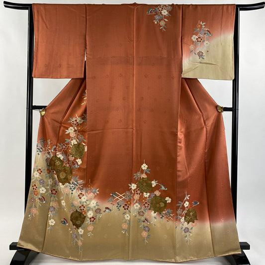 訪問服 身長163cm 袖長65cm M 雙層 線捲 樱花垂枝 金絲 金銀彩 橙色 純蠶絲 優品級