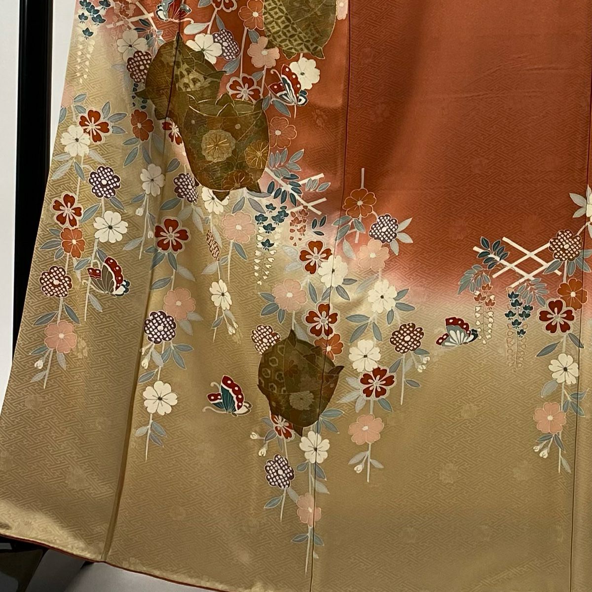 訪問服 身長163cm 袖長65cm M 雙層 線捲 樱花垂枝 金絲 金銀彩 橙色 純蠶絲 優品級