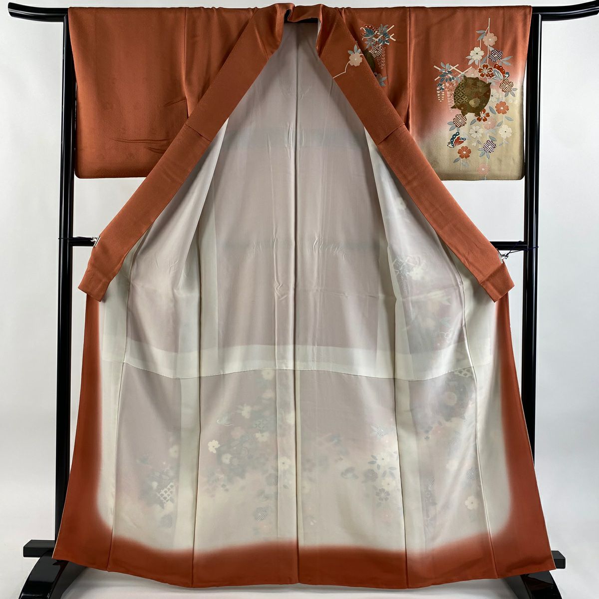 訪問服 身長163cm 袖長65cm M 雙層 線捲 樱花垂枝 金絲 金銀彩 橙色 純蠶絲 優品級