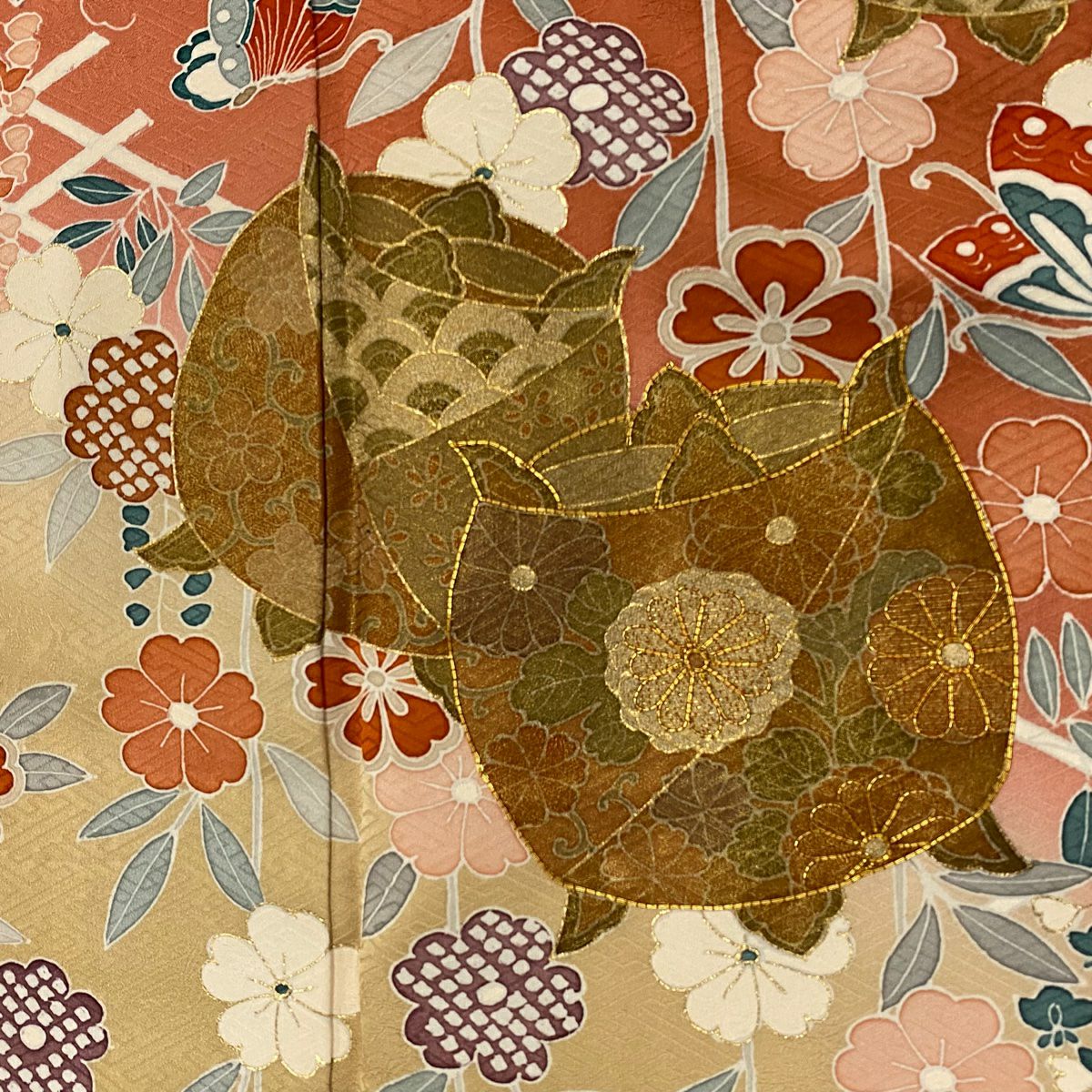 訪問服 身長163cm 袖長65cm M 雙層 線捲 樱花垂枝 金絲 金銀彩 橙色 純蠶絲 優品級