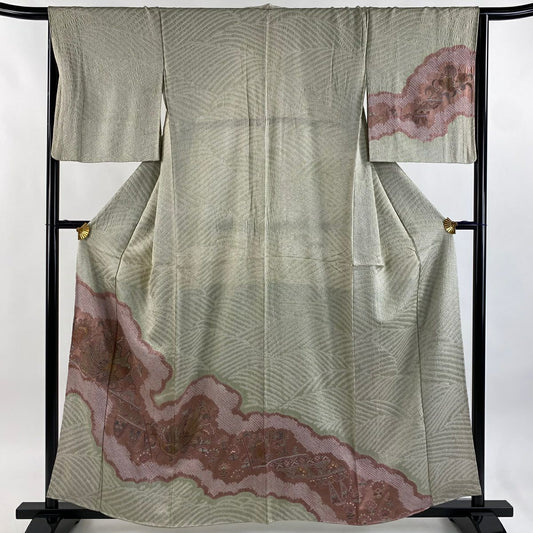 訪問服 身長159cm 袖長65.5cm M 雙層 鳥 草花紋紋 刺繡 絞染 灰綠 純蠶絲 秀品級