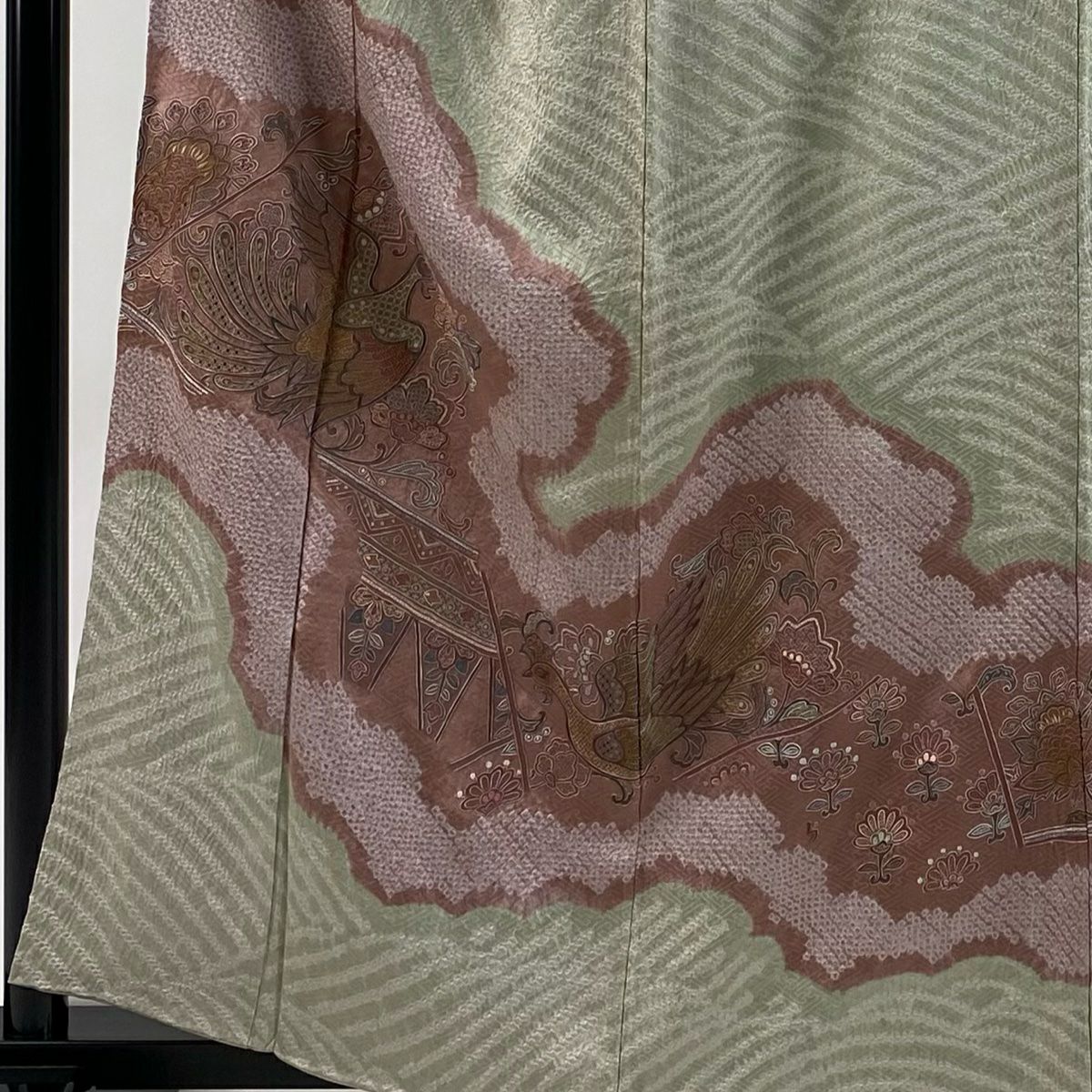 訪問服 身長159cm 袖長65.5cm M 雙層 鳥 草花紋紋 刺繡 絞染 灰綠 純蠶絲 秀品級