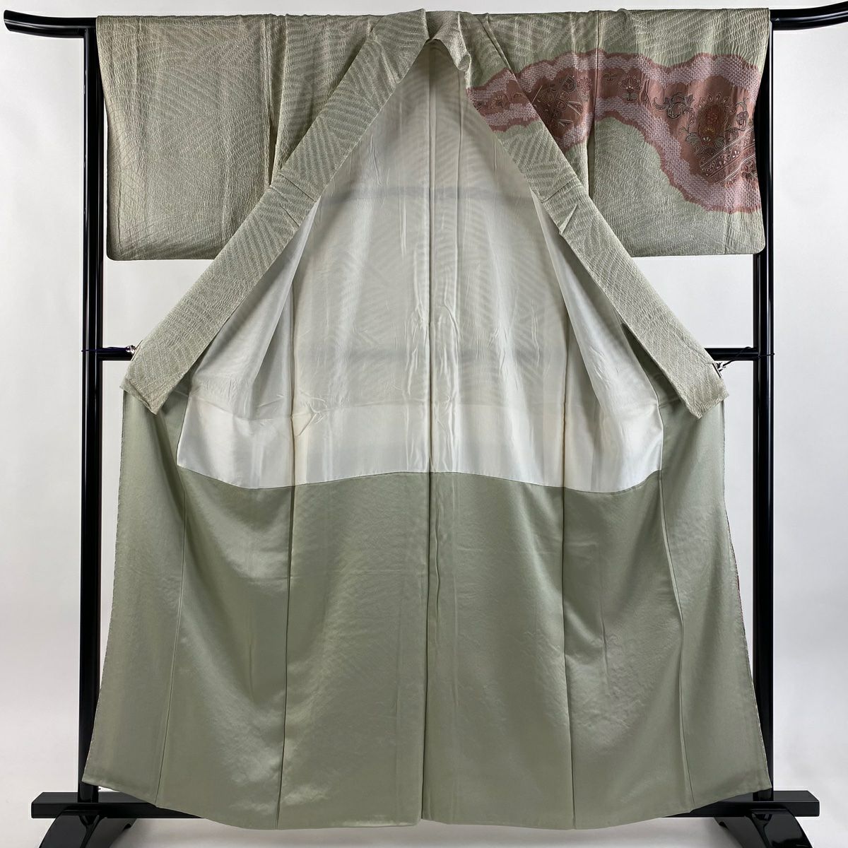訪問服 身長159cm 袖長65.5cm M 雙層 鳥 草花紋紋 刺繡 絞染 灰綠 純蠶絲 秀品級