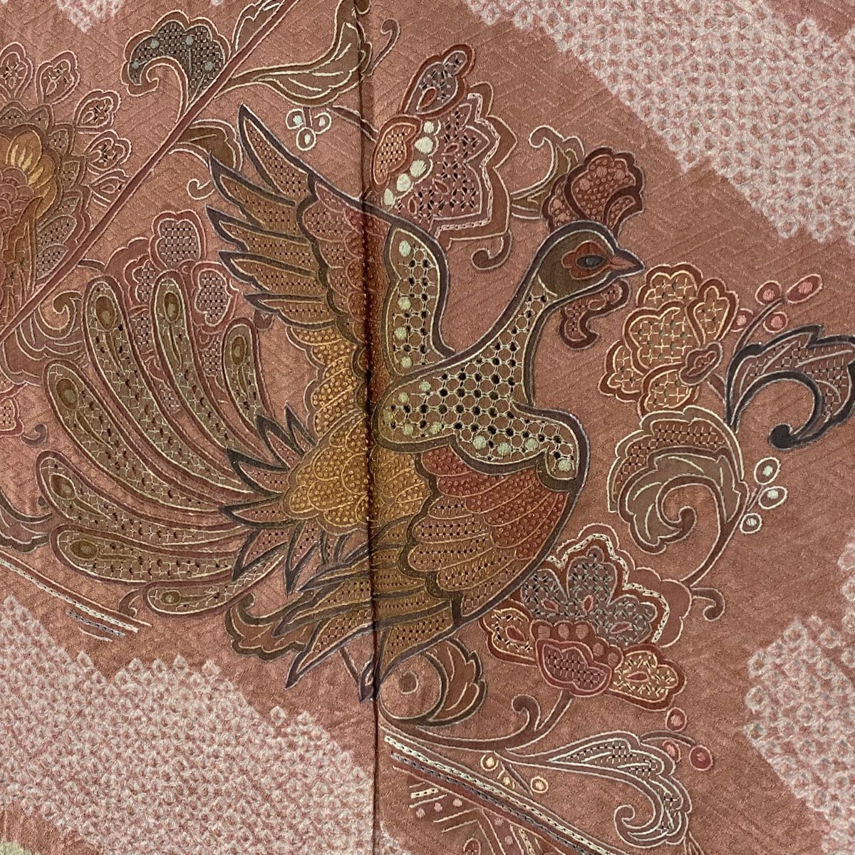 訪問服 身長159cm 袖長65.5cm M 雙層 鳥 草花紋紋 刺繡 絞染 灰綠 純蠶絲 秀品級