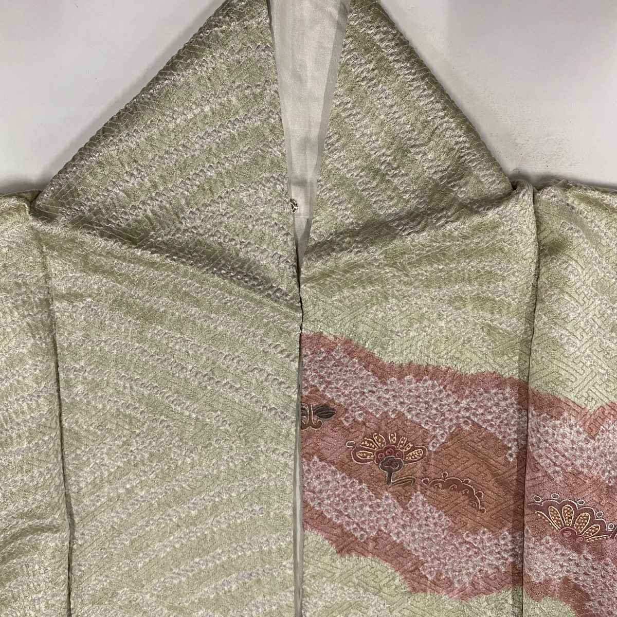 訪問服 身長159cm 袖長65.5cm M 雙層 鳥 草花紋紋 刺繡 絞染 灰綠 純蠶絲 秀品級