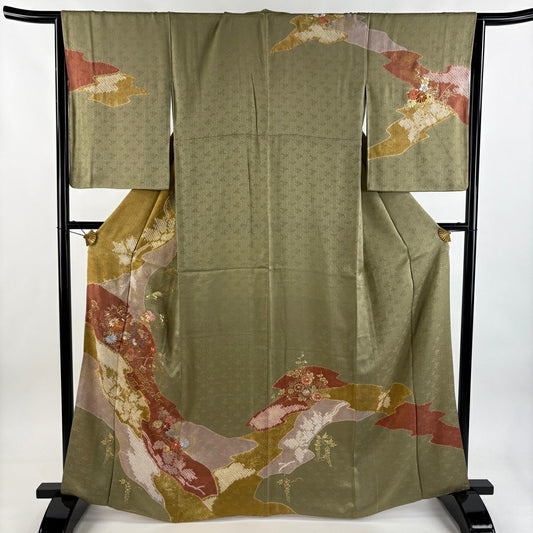 訪問服 身長165cm 袖長65.5cm M 雙層 菊花 青海波 刺繡 絞染 山吹茶 純蠶絲 秀品級
