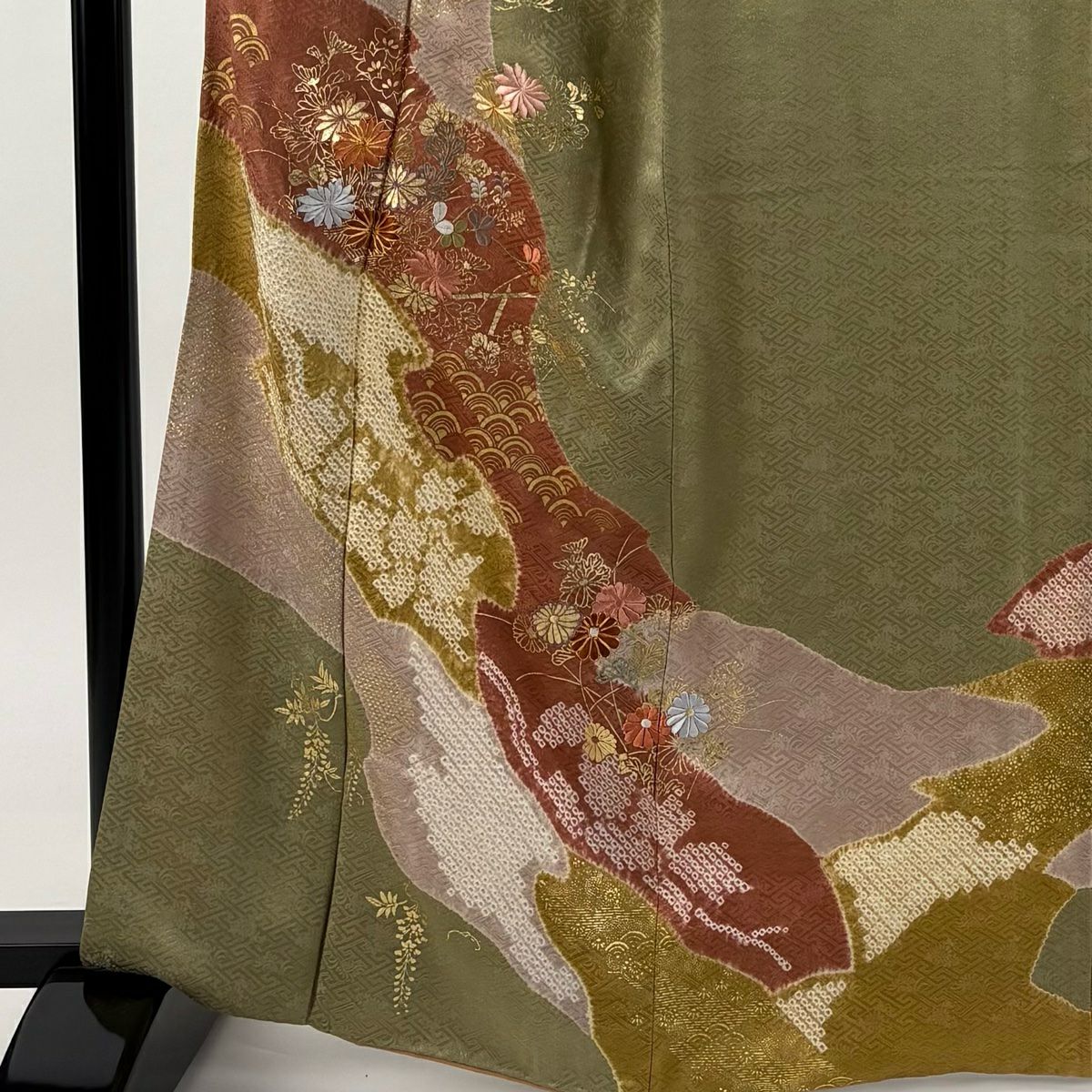 訪問服 身長165cm 袖長65.5cm M 雙層 菊花 青海波 刺繡 絞染 山吹茶 純蠶絲 秀品級