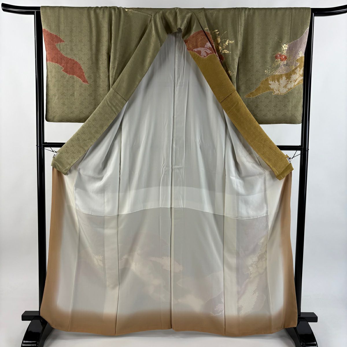 訪問服 身長165cm 袖長65.5cm M 雙層 菊花 青海波 刺繡 絞染 山吹茶 純蠶絲 秀品級