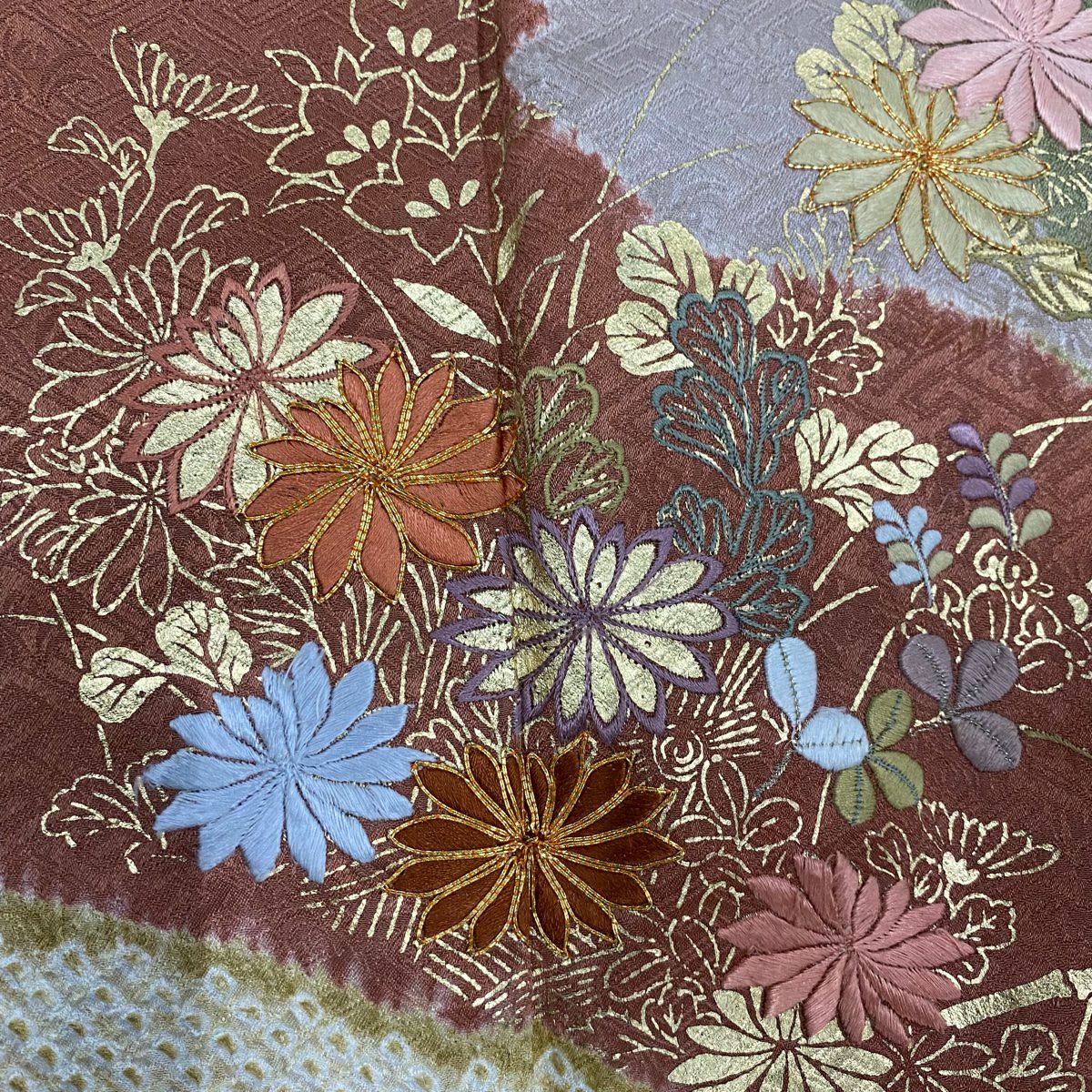 訪問服 身長165cm 袖長65.5cm M 雙層 菊花 青海波 刺繡 絞染 山吹茶 純蠶絲 秀品級