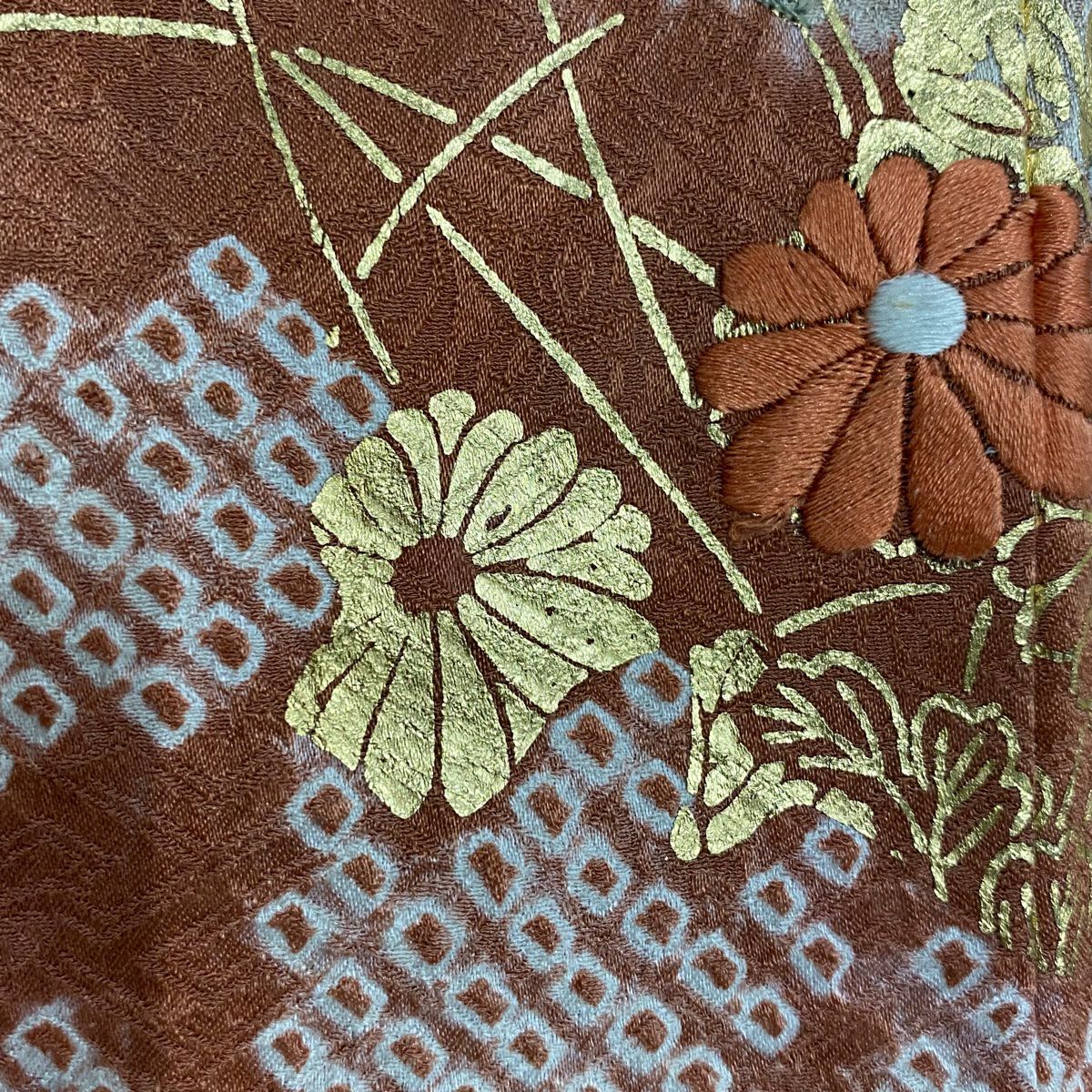 訪問服 身長165cm 袖長65.5cm M 雙層 菊花 青海波 刺繡 絞染 山吹茶 純蠶絲 秀品級