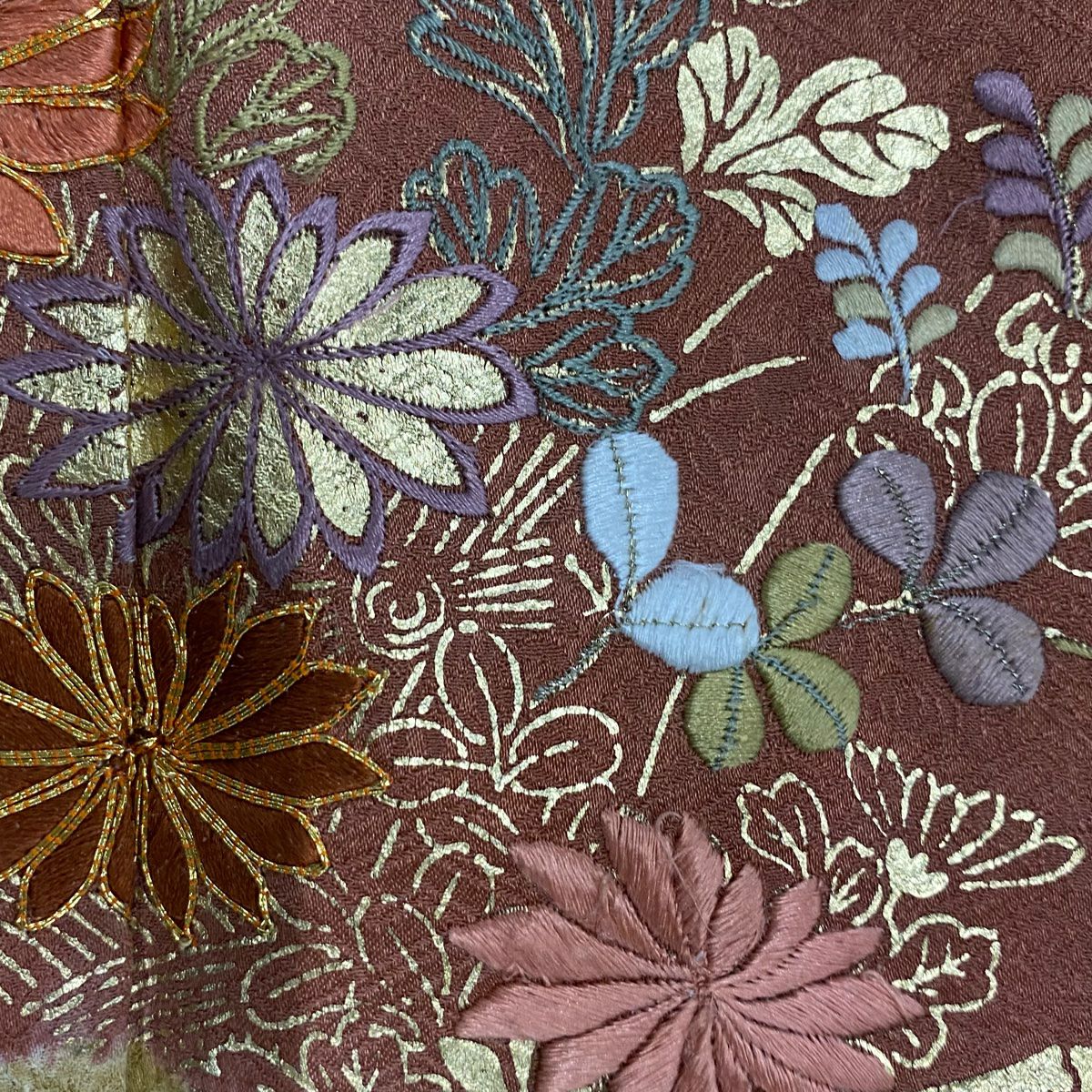 訪問服 身長165cm 袖長65.5cm M 雙層 菊花 青海波 刺繡 絞染 山吹茶 純蠶絲 秀品級