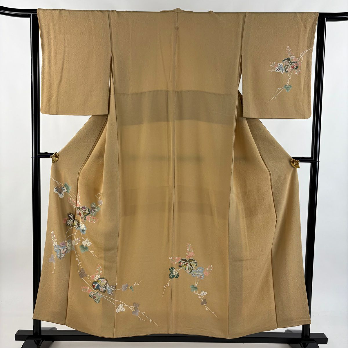訪問服 身長155cm 袖長63cm S 雙層 草花紋 葉柄 金彩裝飾 絞織 薄茶 純蠶絲 秀品級 一つ紋