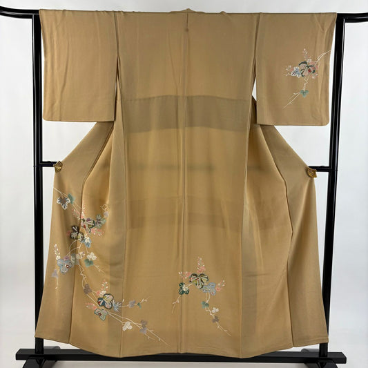 訪問服 身長155cm 袖長63cm S 雙層 草花紋 葉柄 金彩裝飾 絞織 薄茶 純蠶絲 秀品級 一つ紋