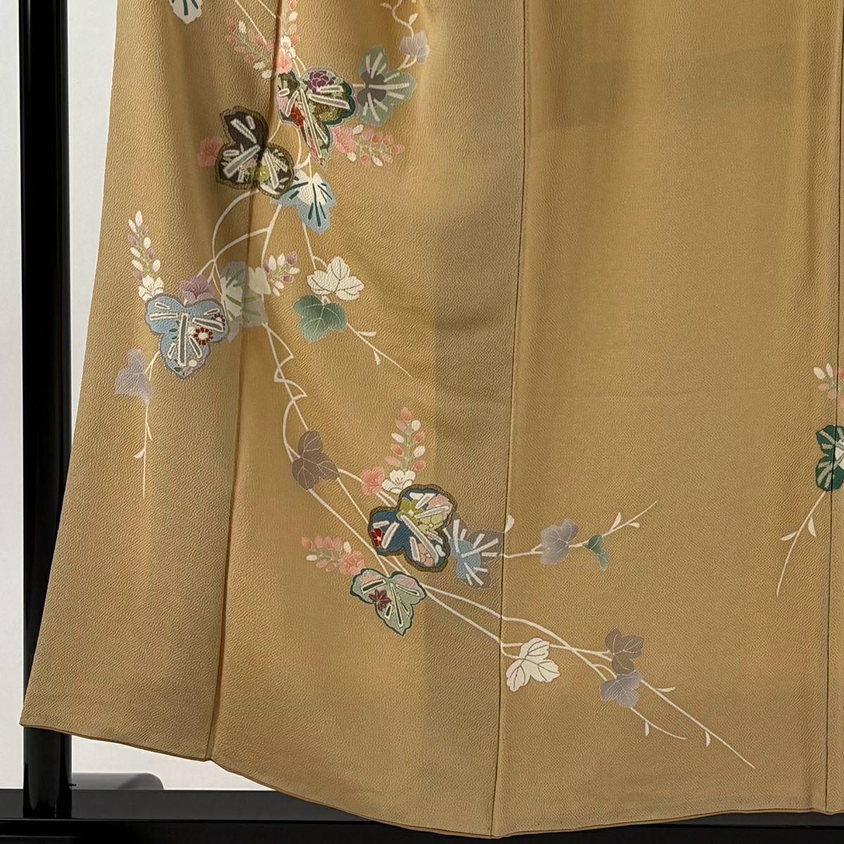 訪問服 身長155cm 袖長63cm S 雙層 草花紋 葉柄 金彩裝飾 絞織 薄茶 純蠶絲 秀品級 一つ紋
