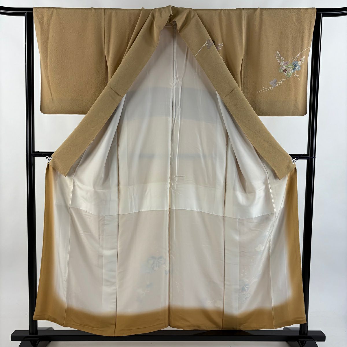 訪問服 身長155cm 袖長63cm S 雙層 草花紋 葉柄 金彩裝飾 絞織 薄茶 純蠶絲 秀品級 一つ紋