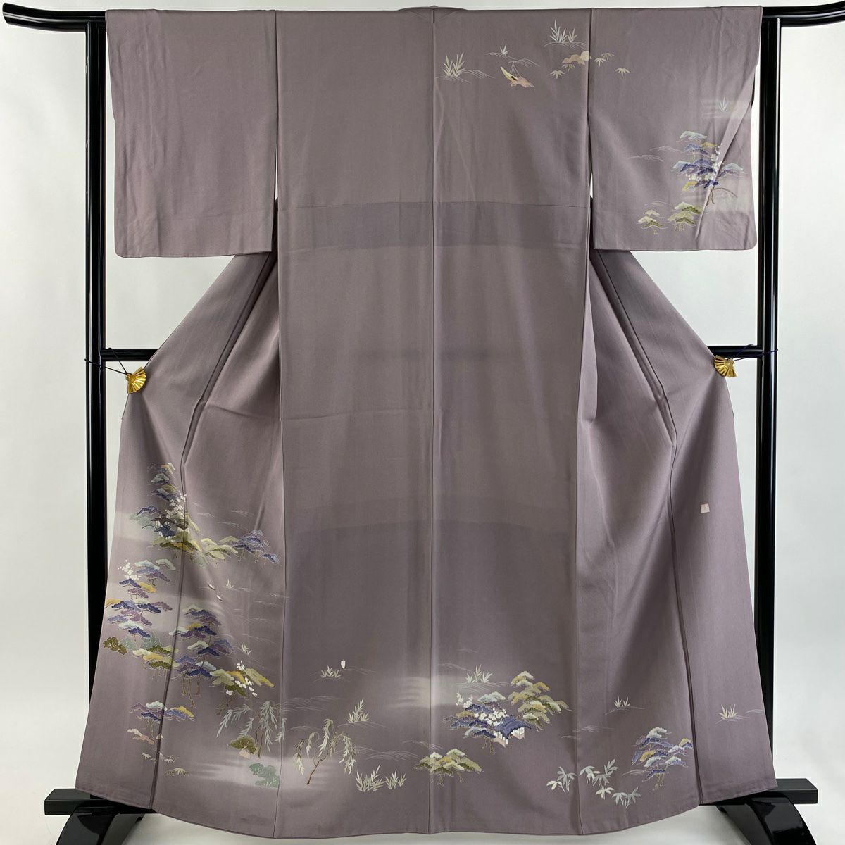 【美品】訪問服 身長163cm 袖長62.5cm S 雙層 落款あり 松樹竹子梅花 家屋 ぼかし 灰紫 純蠶絲 秀品級