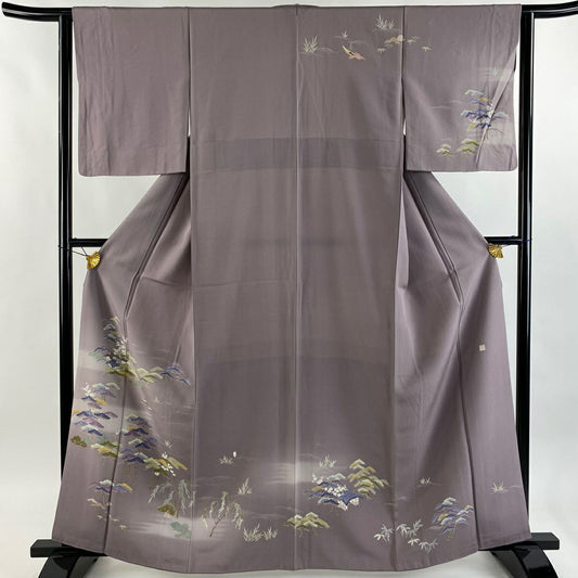 【美品】訪問服 身長163cm 袖長62.5cm S 雙層 落款あり 松樹竹子梅花 家屋 ぼかし 灰紫 純蠶絲 秀品級