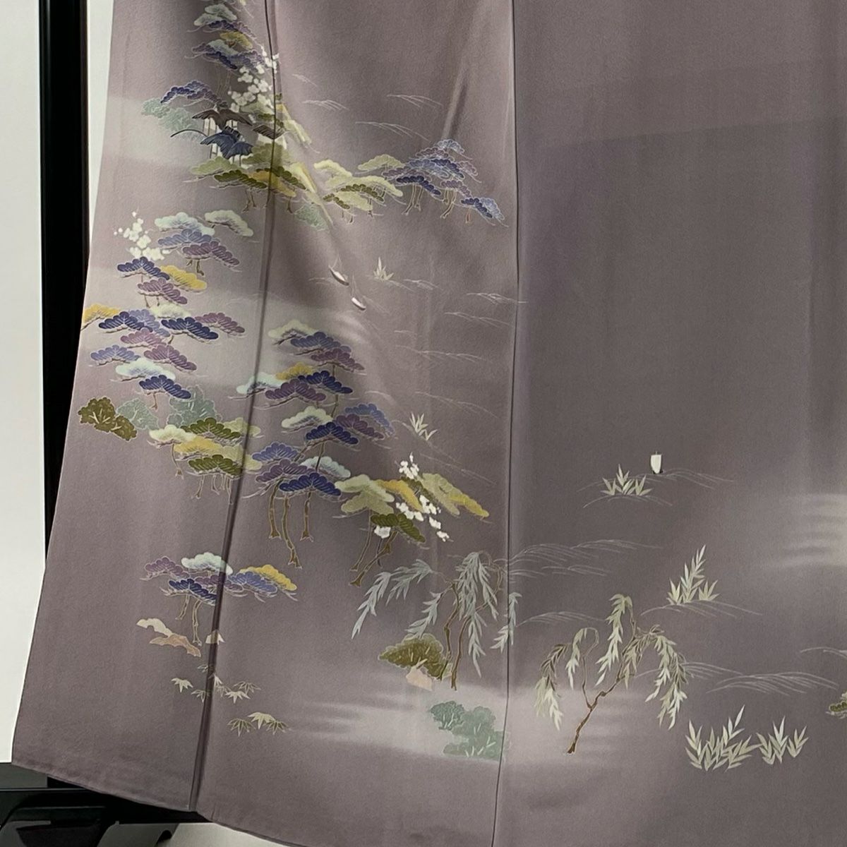 【美品】訪問服 身長163cm 袖長62.5cm S 雙層 落款あり 松樹竹子梅花 家屋 ぼかし 灰紫 純蠶絲 秀品級