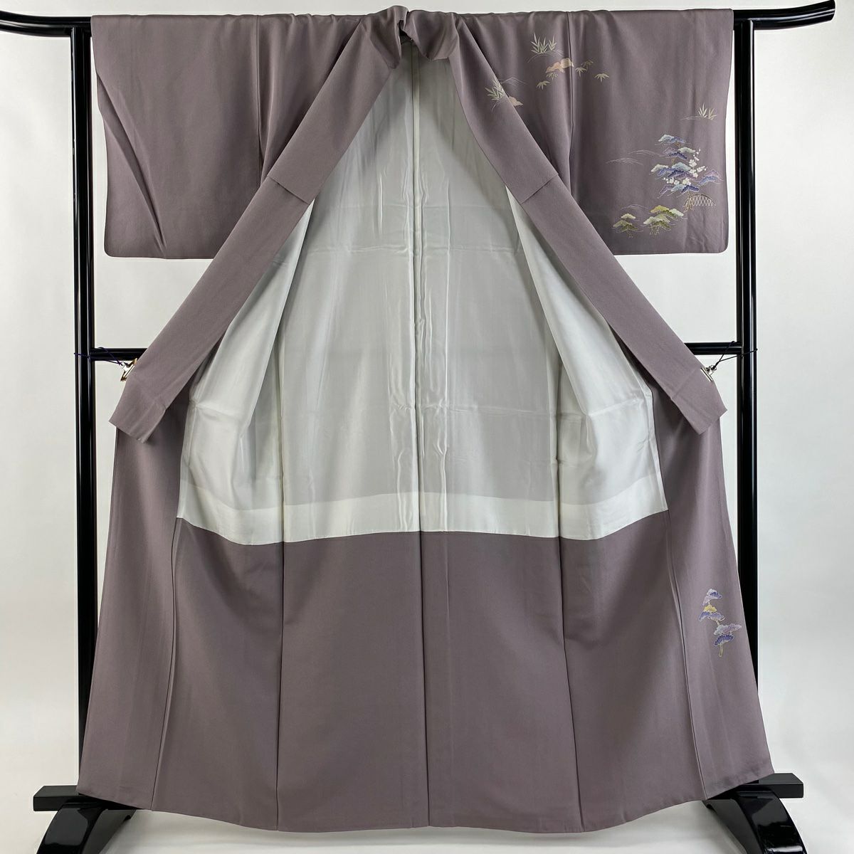 【美品】訪問服 身長163cm 袖長62.5cm S 雙層 落款あり 松樹竹子梅花 家屋 ぼかし 灰紫 純蠶絲 秀品級