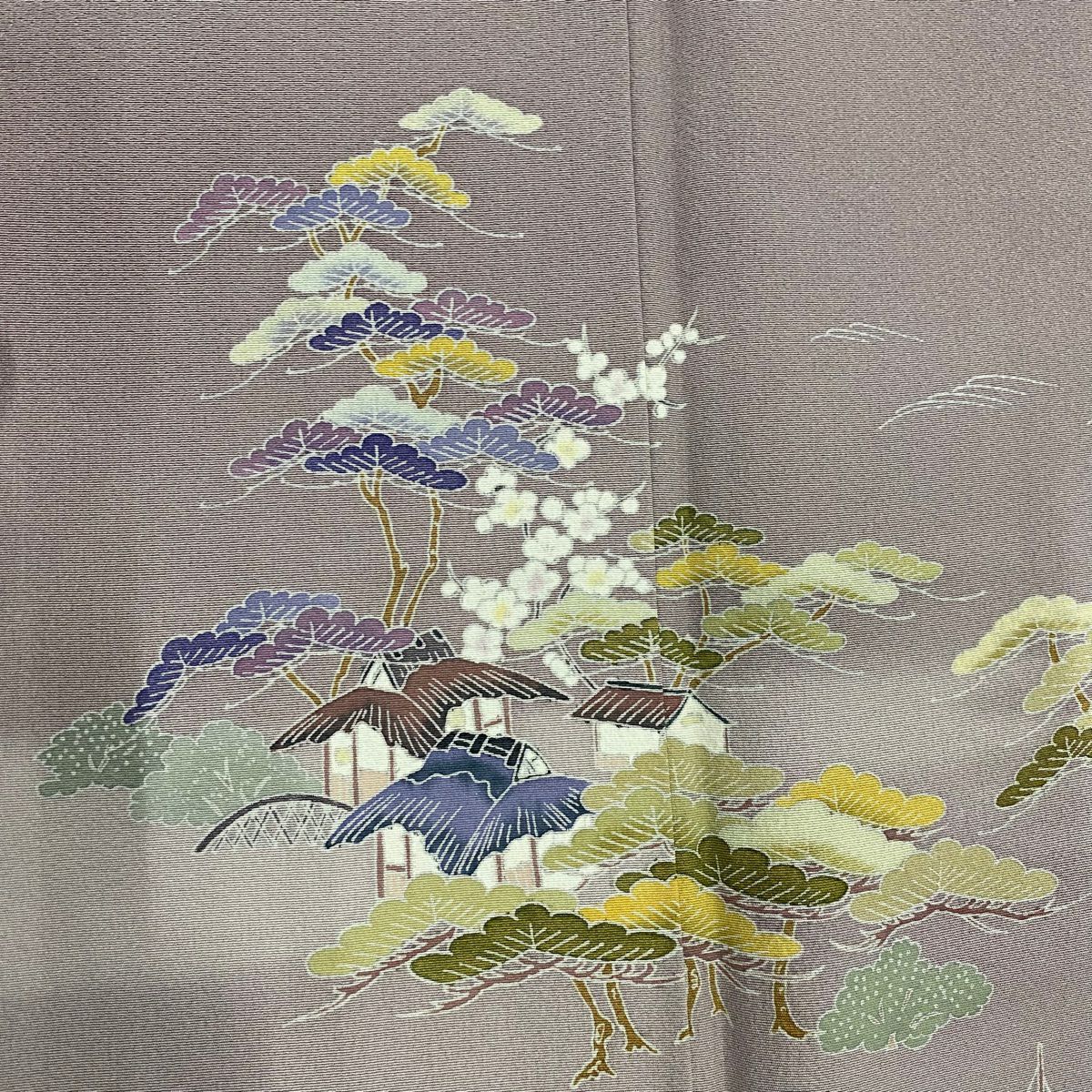 【美品】訪問服 身長163cm 袖長62.5cm S 雙層 落款あり 松樹竹子梅花 家屋 ぼかし 灰紫 純蠶絲 秀品級