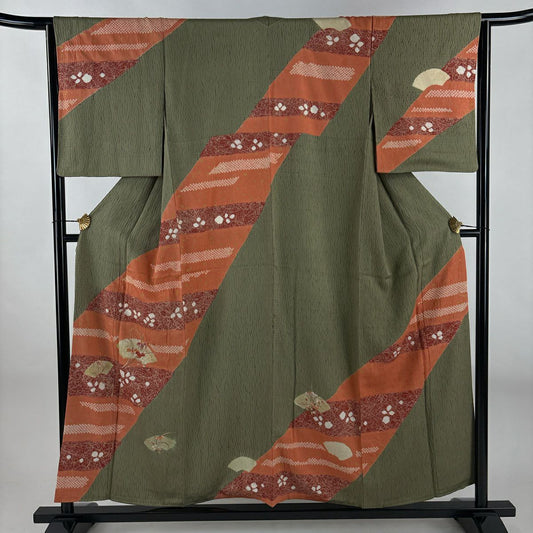 【美品】訪問服 身長154.5cm 袖長64cm M 雙層 扇子面 菖蒲 刺繡 絞染 鶯色 純蠶絲 秀品級